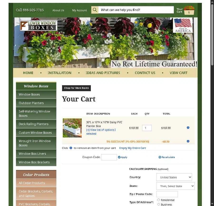 Flower Window Boxes checkout page showing Flower Window Boxes coupon code box | Screenshot taken by SimplyCodes community member on Jan 18, 2026