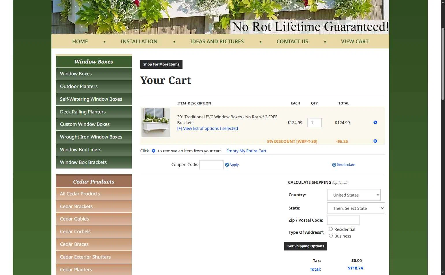 Flower Window Boxes checkout page showing Flower Window Boxes coupon code box | Screenshot taken by SimplyCodes community member on Nov 9, 2025