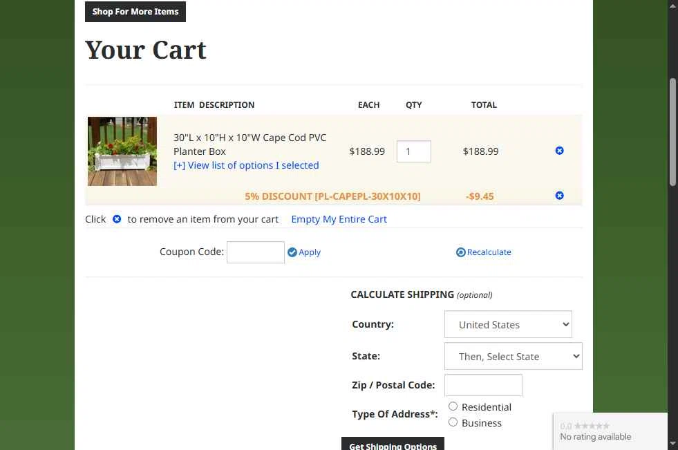 Flower Window Boxes checkout page showing Flower Window Boxes coupon code box | Screenshot taken by SimplyCodes community member on Aug 6, 2025