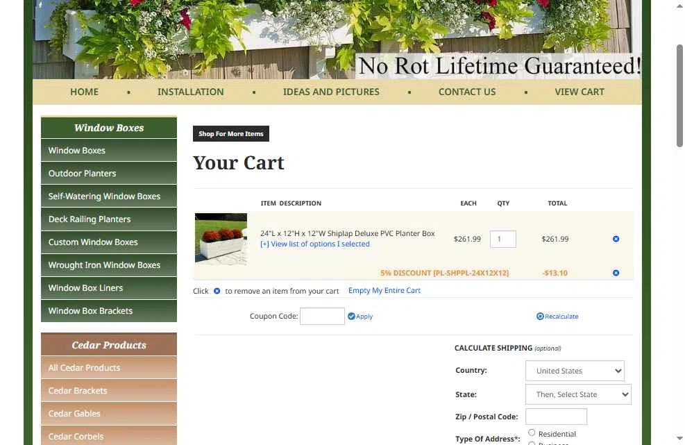 Flower Window Boxes checkout page showing Flower Window Boxes coupon code box | Screenshot taken by SimplyCodes community member on Nov 9, 2025