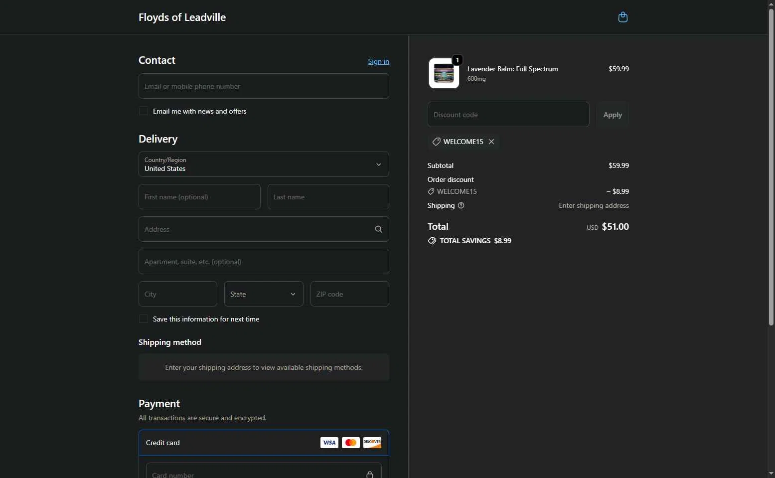 Floyd's of Leadville checkout page showing Floyd's of Leadville promo code box | Screenshot taken by SimplyCodes community member on Jan 25, 2026