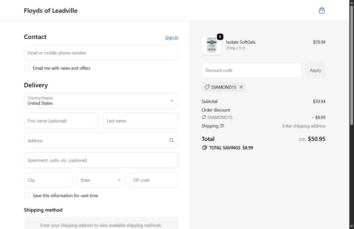 Floyd's of Leadville checkout page showing Floyd's of Leadville promo code box | Screenshot taken by SimplyCodes community member on Jan 13, 2026