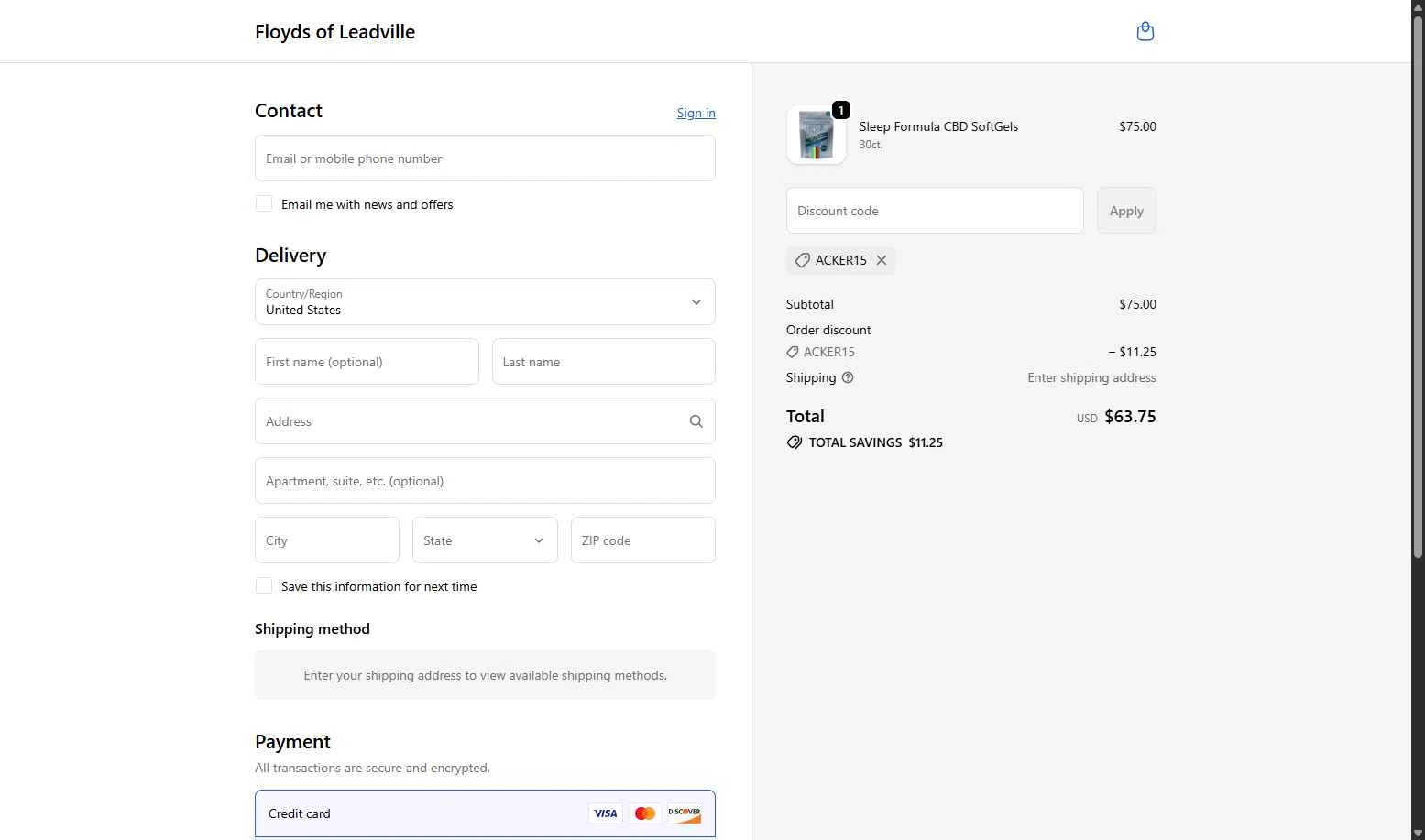 Floyd's of Leadville checkout page showing Floyd's of Leadville promo code box | Screenshot taken by SimplyCodes community member on Jan 13, 2026