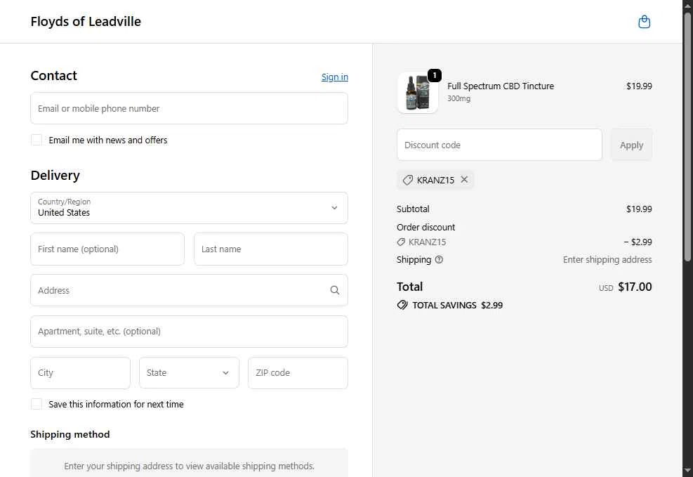 Floyd's of Leadville checkout page showing Floyd's of Leadville promo code box | Screenshot taken by SimplyCodes community member on Jan 13, 2026