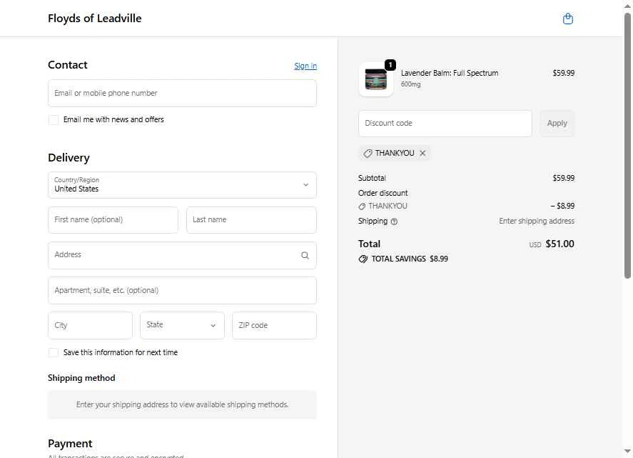 Floyd's of Leadville checkout page showing Floyd's of Leadville promo code box | Screenshot taken by SimplyCodes community member on Nov 19, 2025