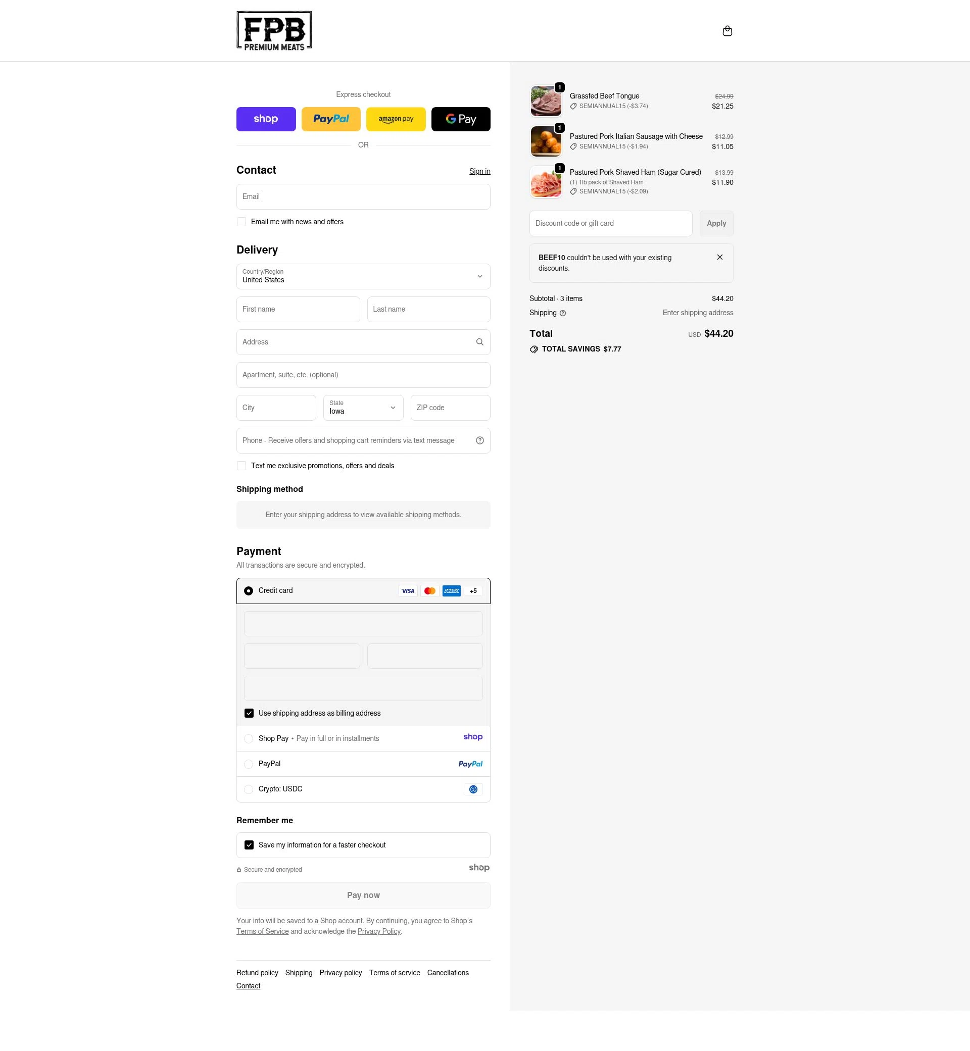 Florida Premium Beef checkout page showing Florida Premium Beef promo code box | Screenshot taken by SimplyCodes community member on Jan 3, 2026