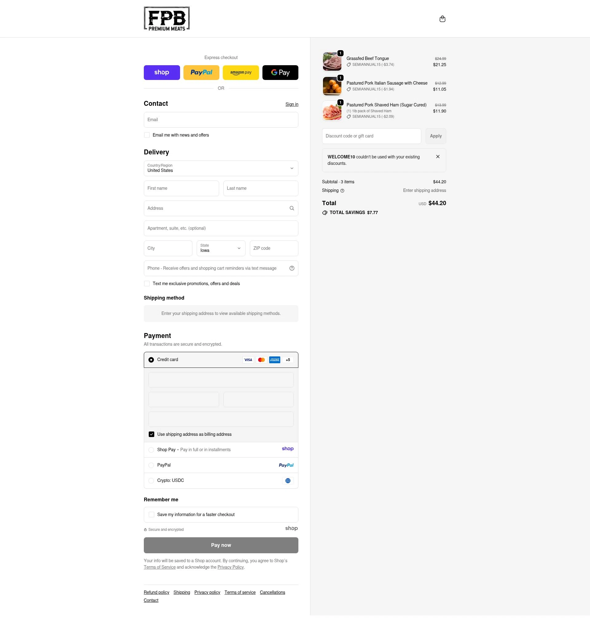 Florida Premium Beef checkout page showing Florida Premium Beef promo code box | Screenshot taken by SimplyCodes community member on Jan 3, 2026