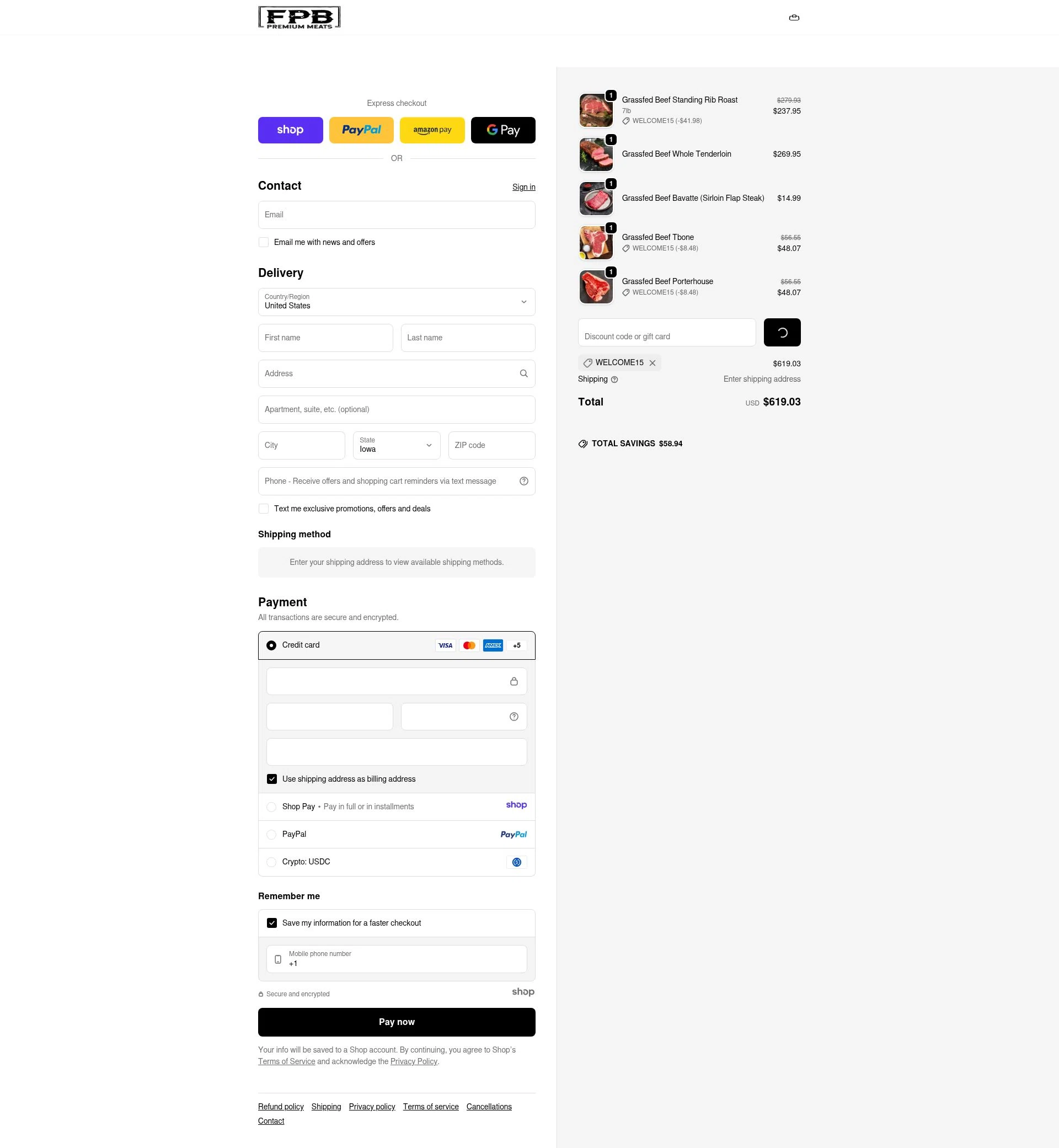 Florida Premium Beef checkout page showing Florida Premium Beef promo code box | Screenshot taken by SimplyCodes community member on Jan 8, 2026