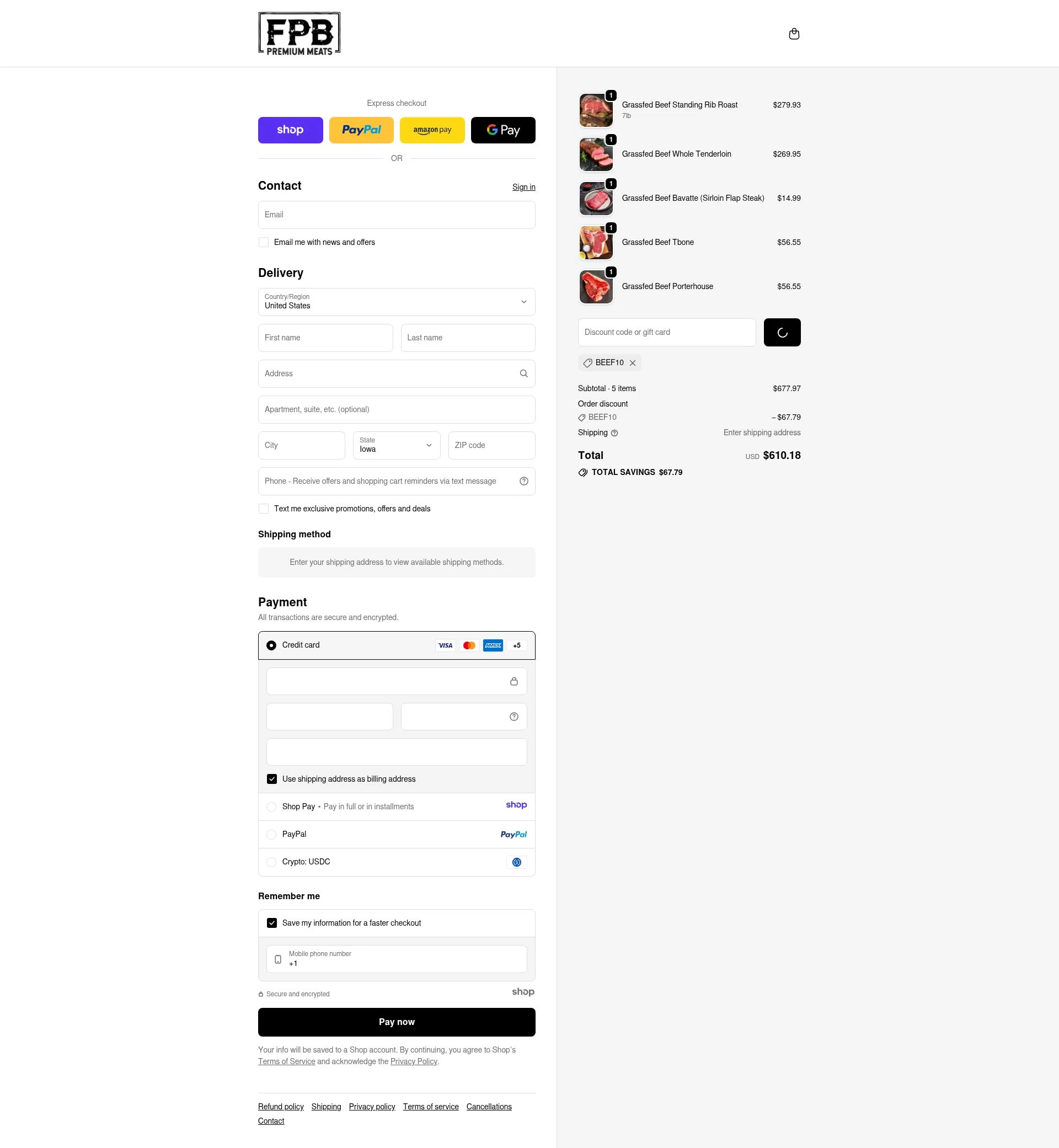 Florida Premium Beef checkout page showing Florida Premium Beef promo code box | Screenshot taken by SimplyCodes community member on Jan 8, 2026