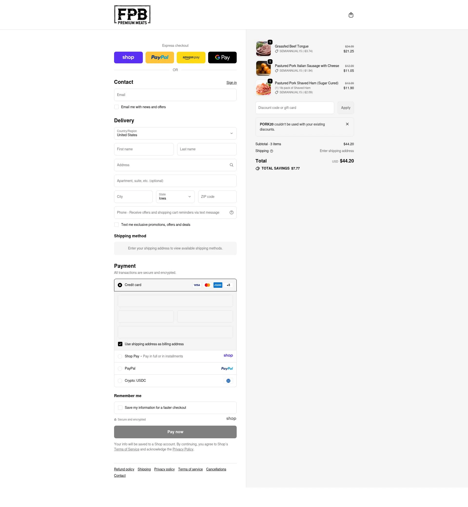 Florida Premium Beef checkout page showing Florida Premium Beef promo code box | Screenshot taken by SimplyCodes community member on Jan 3, 2026