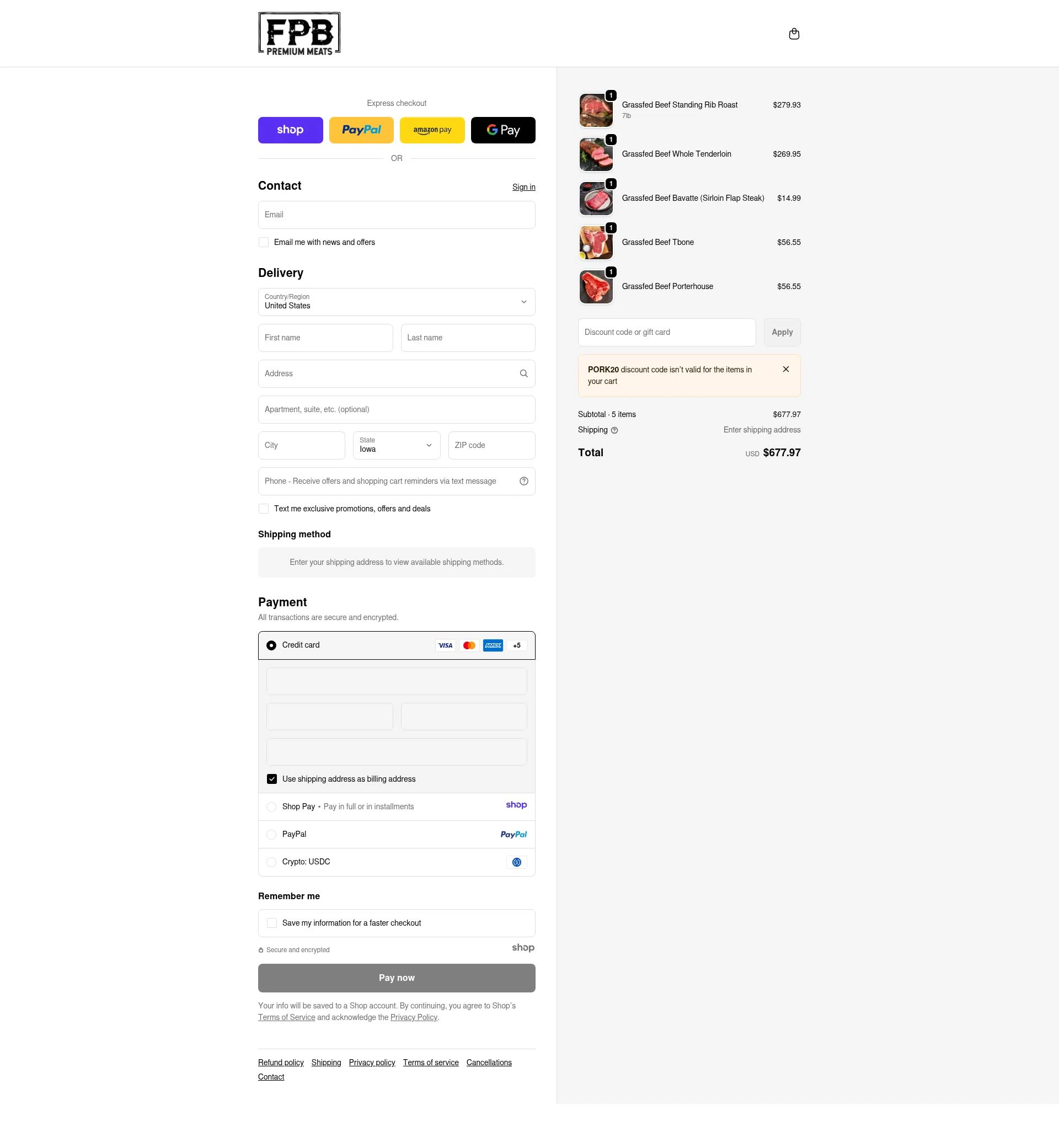 Florida Premium Beef checkout page showing Florida Premium Beef promo code box | Screenshot taken by SimplyCodes community member on Jan 8, 2026