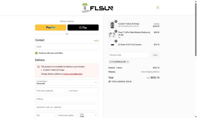 FLSUN checkout page showing FLSUN discount code box | Screenshot taken by SimplyCodes community member on Aug 21, 2025