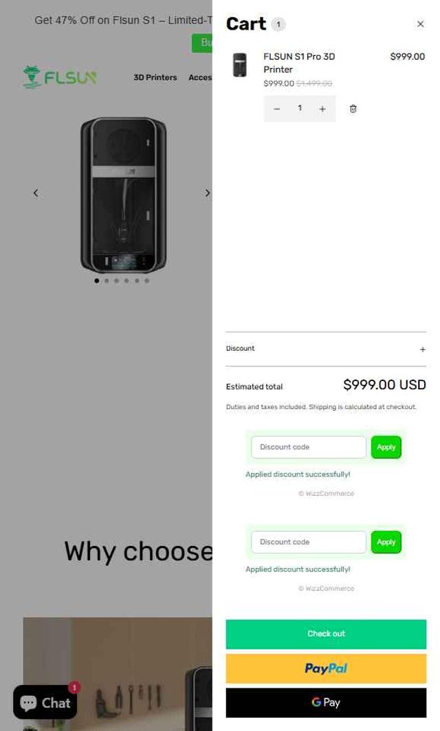 FLSUN checkout page showing FLSUN discount code box | Screenshot taken by SimplyCodes community member on Aug 7, 2025