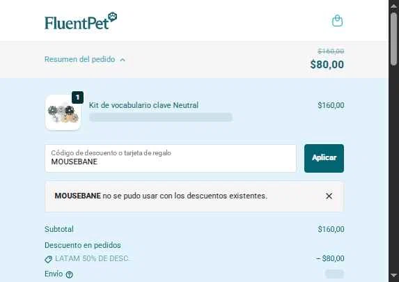 FluentPet checkout page showing FluentPet promo code box | Screenshot taken by SimplyCodes community member on Jan 9, 2026