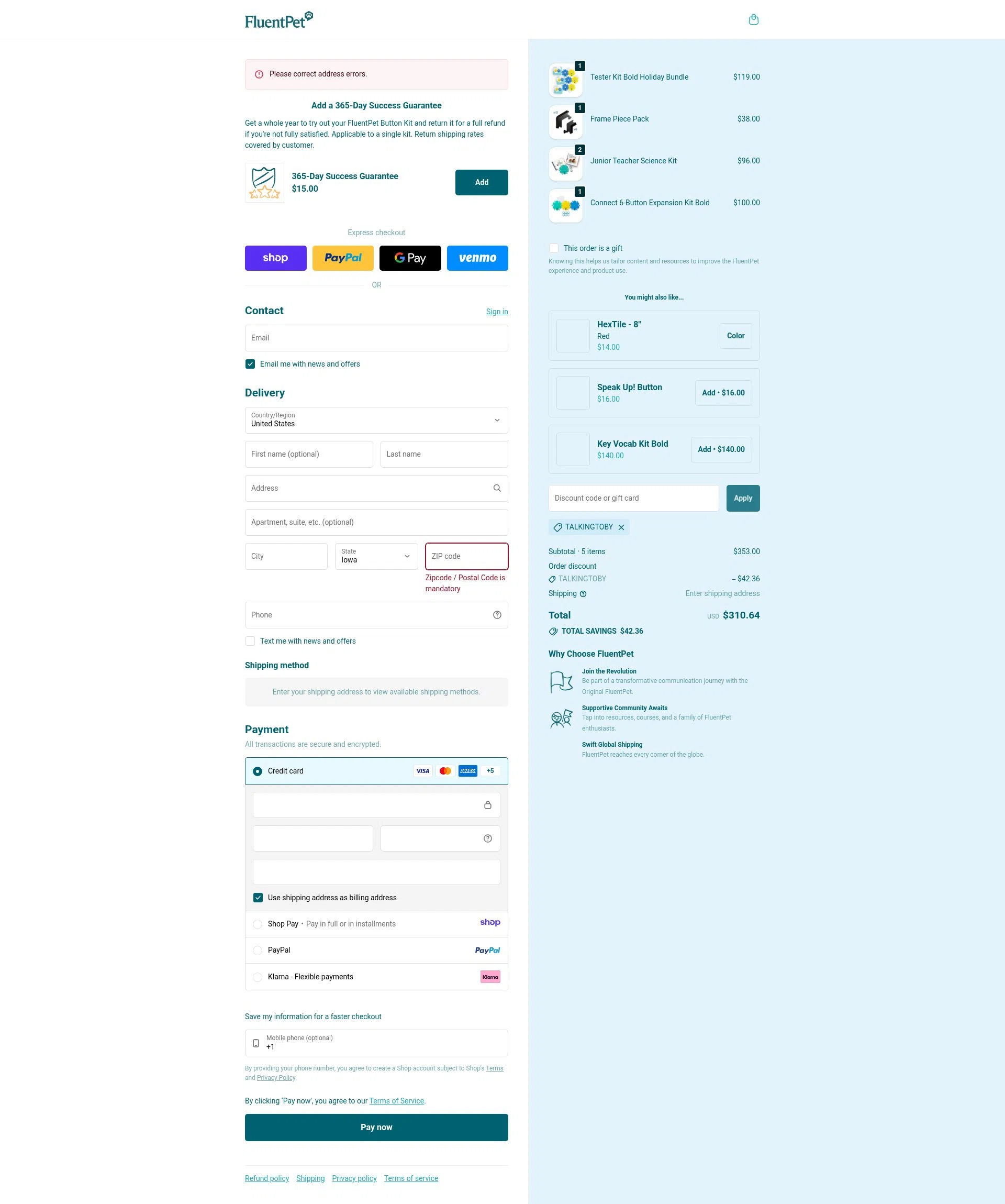 FluentPet checkout page showing FluentPet promo code box | Screenshot taken by SimplyCodes community member on Jan 9, 2026