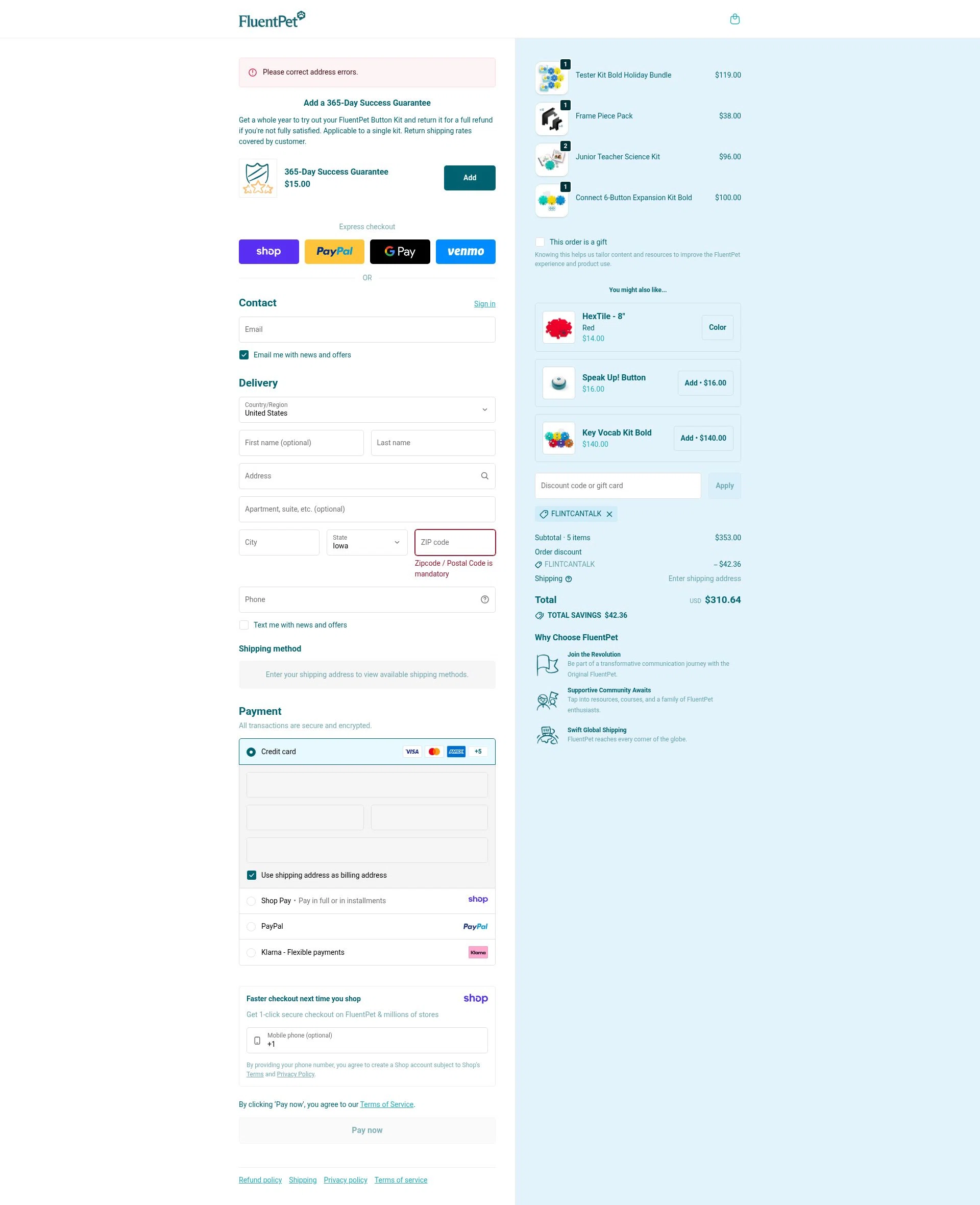 FluentPet checkout page showing FluentPet promo code box | Screenshot taken by SimplyCodes community member on Jan 9, 2026