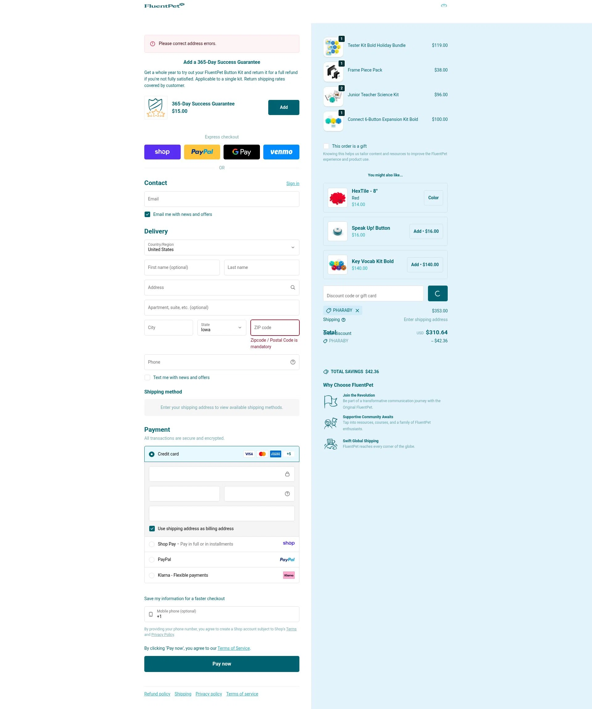 FluentPet checkout page showing FluentPet promo code box | Screenshot taken by SimplyCodes community member on Jan 9, 2026