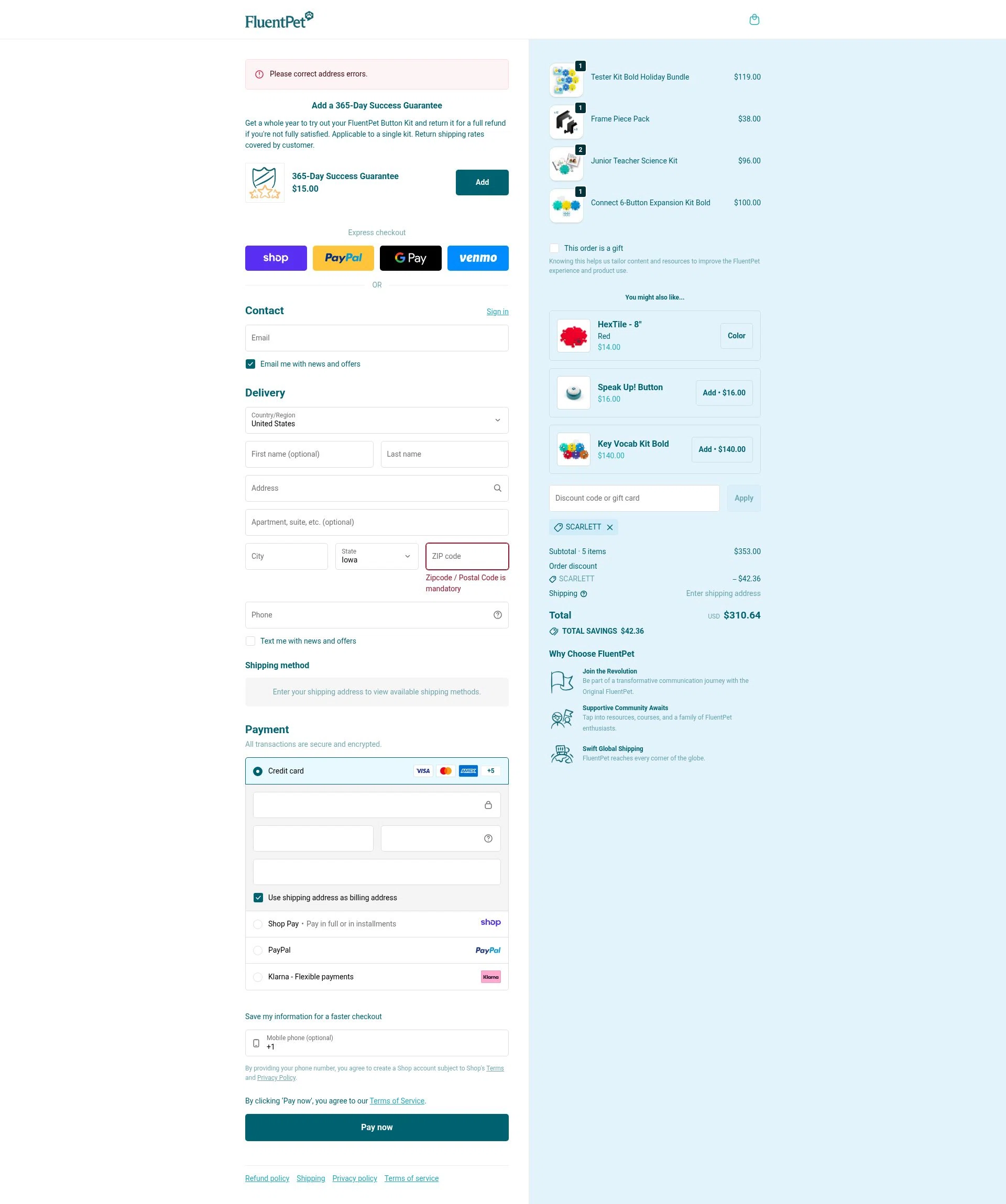 FluentPet checkout page showing FluentPet promo code box | Screenshot taken by SimplyCodes community member on Jan 9, 2026