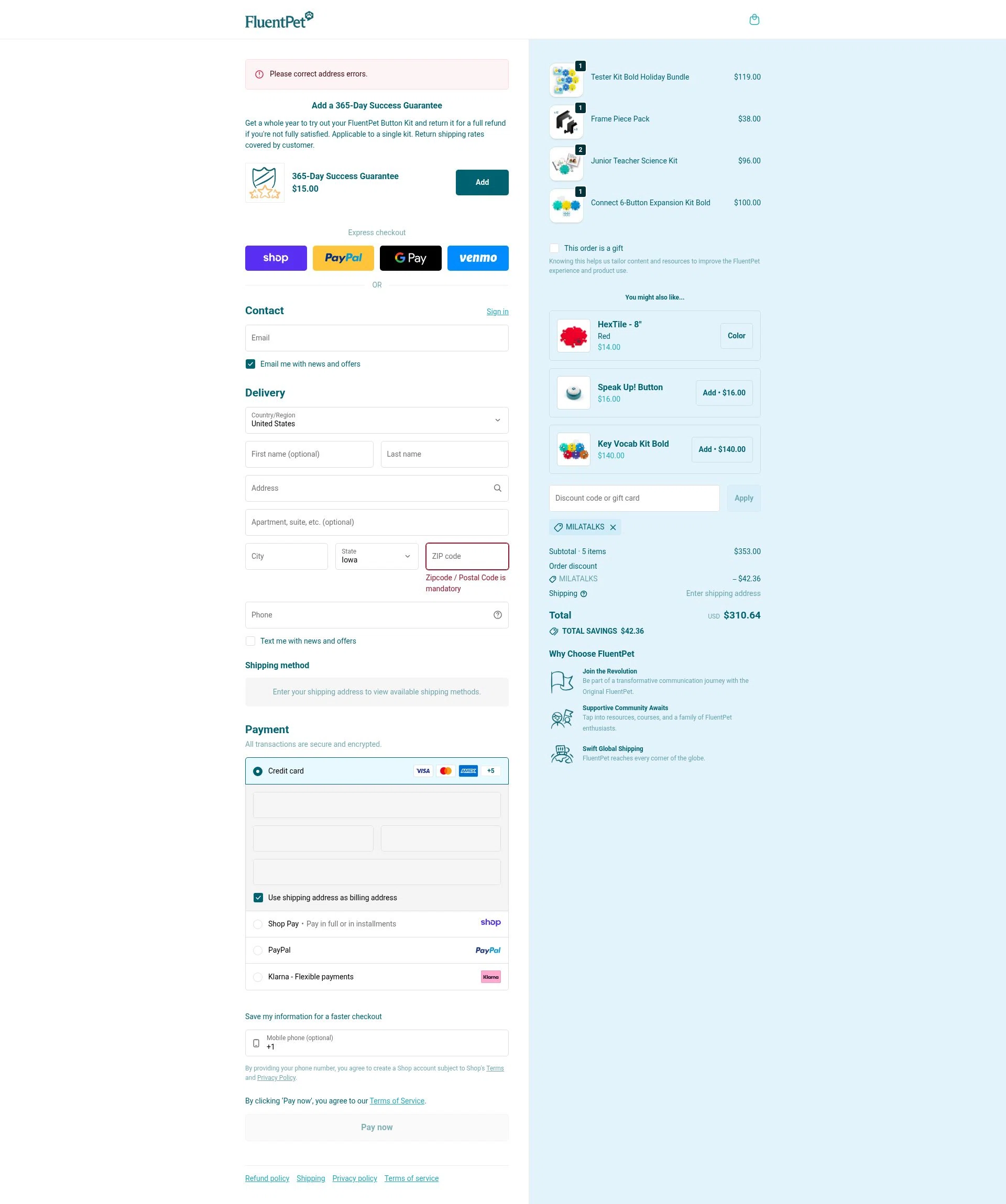 FluentPet checkout page showing FluentPet promo code box | Screenshot taken by SimplyCodes community member on Jan 9, 2026