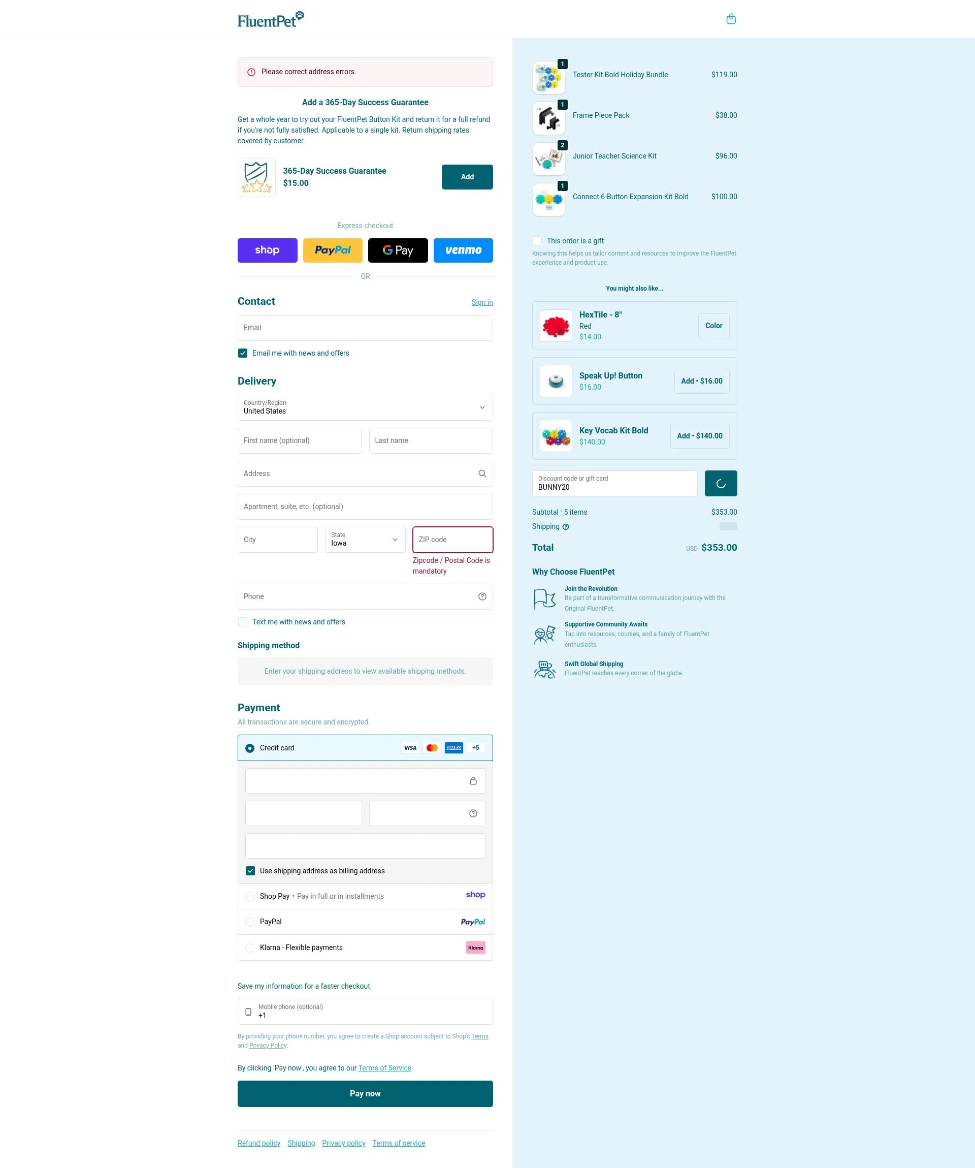 FluentPet checkout page showing FluentPet promo code box | Screenshot taken by SimplyCodes community member on Jan 9, 2026