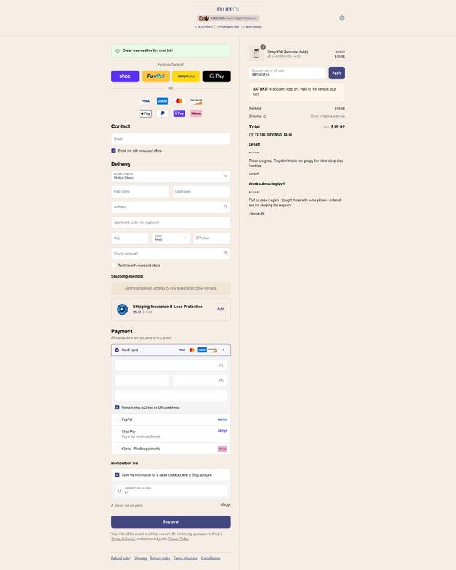 FluffCo checkout page showing FluffCo discount code box | Screenshot taken by SimplyCodes community member on Sep 1, 2025