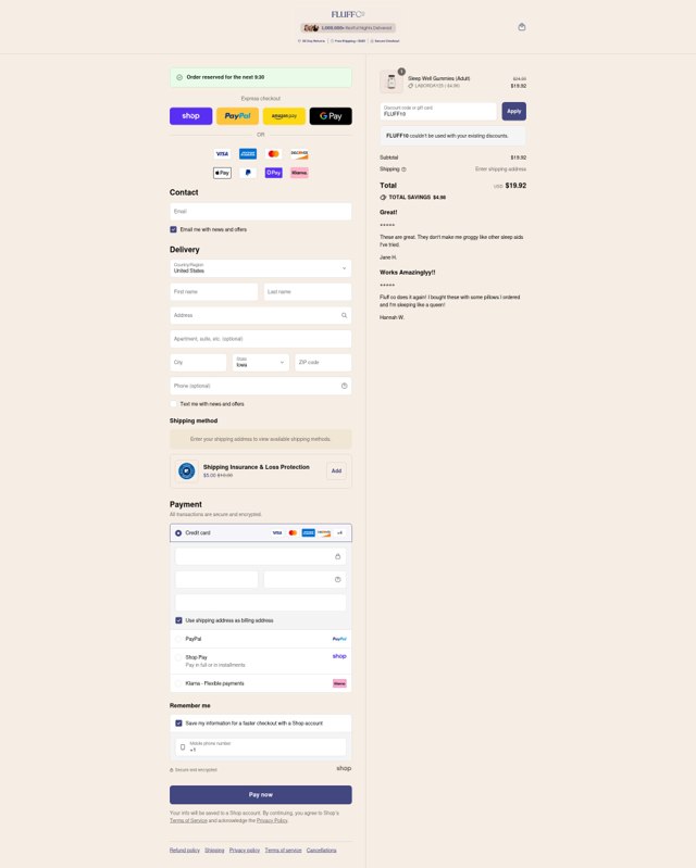 FluffCo checkout page showing FluffCo discount code box | Screenshot taken by SimplyCodes community member on Sep 1, 2025