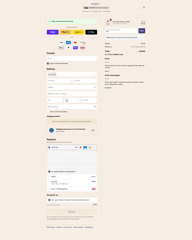 FluffCo checkout page showing FluffCo discount code box | Screenshot taken by SimplyCodes community member on Sep 1, 2025