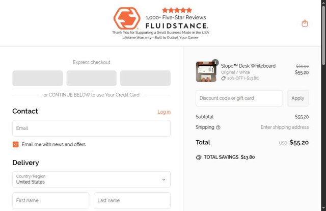 Fluidstance checkout page showing Fluidstance promo code box | Screenshot taken by SimplyCodes community member on Jun 3, 2025