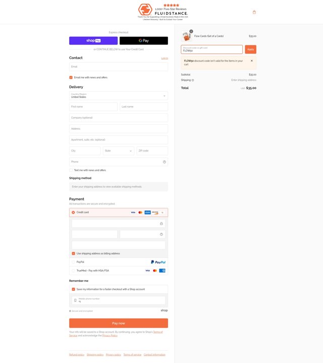 Fluidstance checkout page showing Fluidstance promo code box | Screenshot taken by SimplyCodes community member on Dec 16, 2024