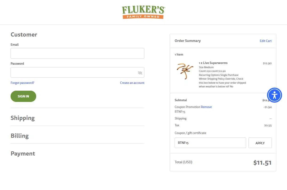 Fluker Farms checkout page showing Fluker Farms promo code box | Screenshot taken by SimplyCodes community member on Dec 11, 2025