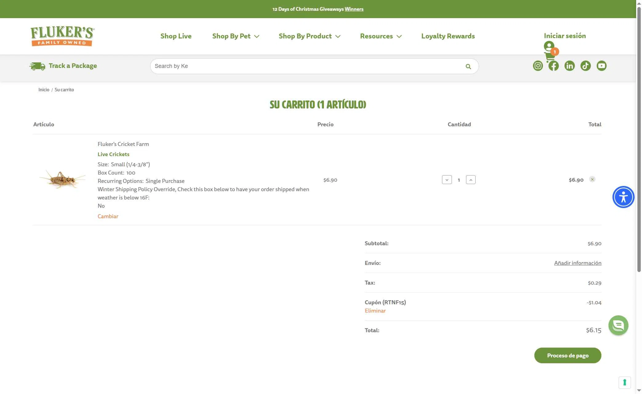 Fluker Farms checkout page showing Fluker Farms promo code box | Screenshot taken by SimplyCodes community member on Jan 9, 2026