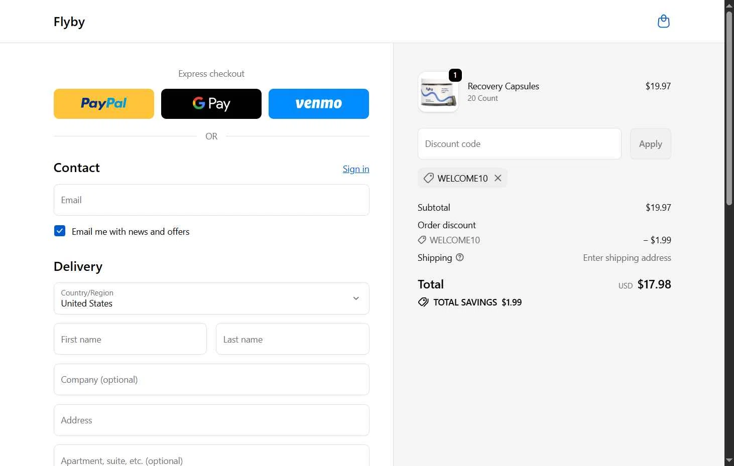 Flyby checkout page showing Flyby coupon code box | Screenshot taken by SimplyCodes community member on Oct 1, 2025