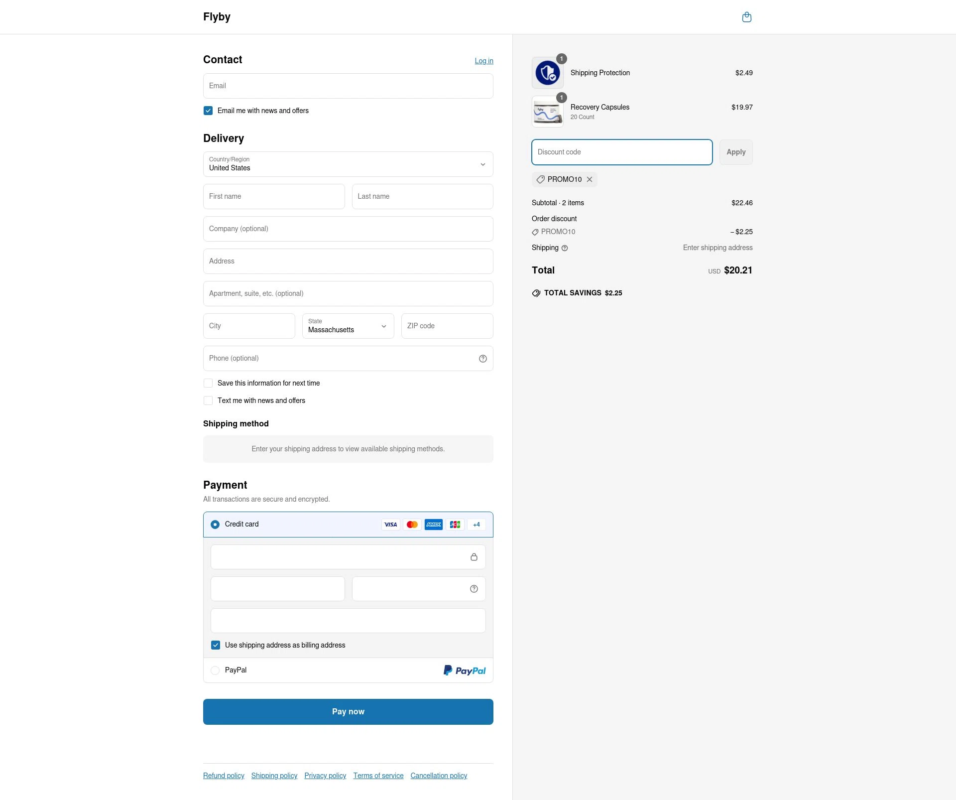 Flyby checkout page showing Flyby coupon code box | Screenshot taken by SimplyCodes community member on Apr 17, 2025