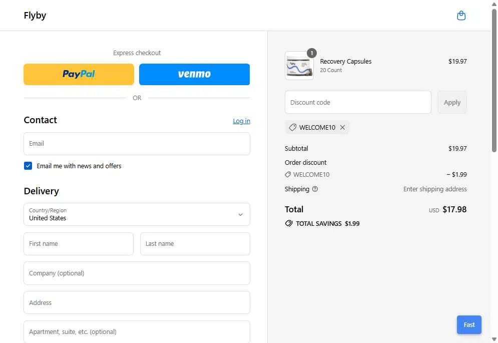 Flyby checkout page showing Flyby coupon code box | Screenshot taken by SimplyCodes community member on Sep 2, 2025