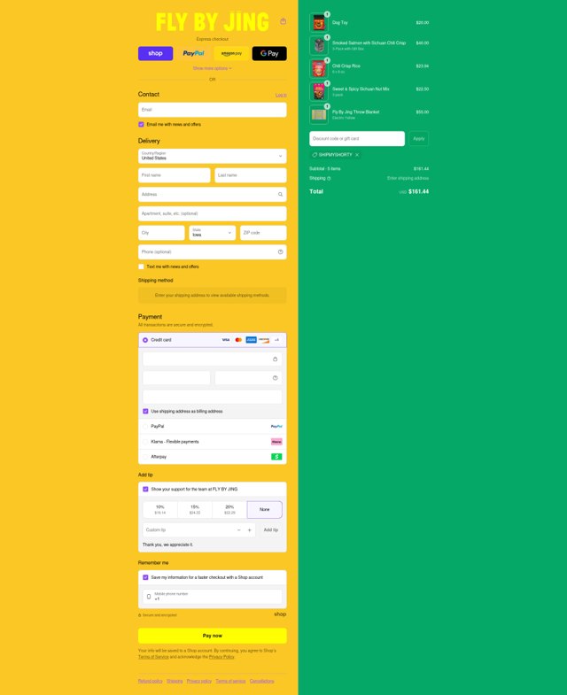Fly by Jing checkout page showing Fly by Jing discount code box | Screenshot taken by SimplyCodes community member on Sep 7, 2025