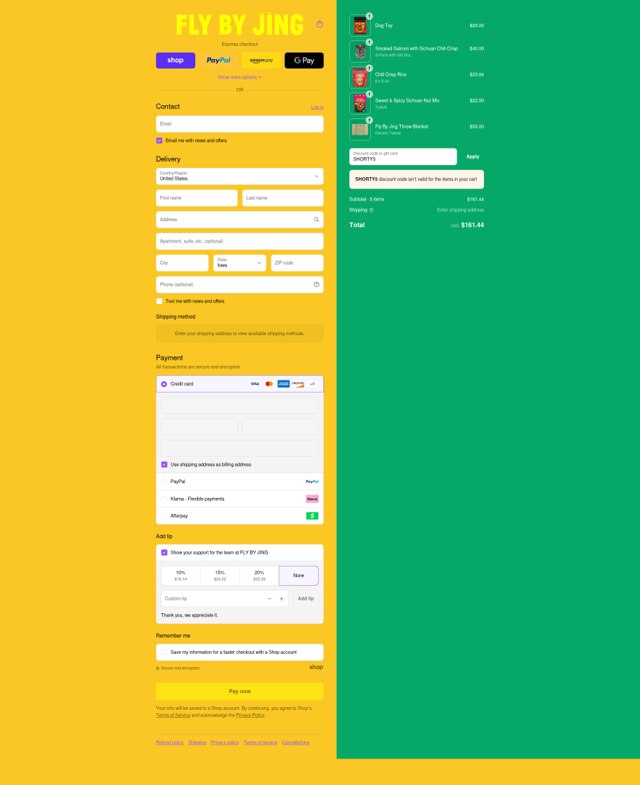 Fly by Jing checkout page showing Fly by Jing discount code box | Screenshot taken by SimplyCodes community member on Sep 7, 2025