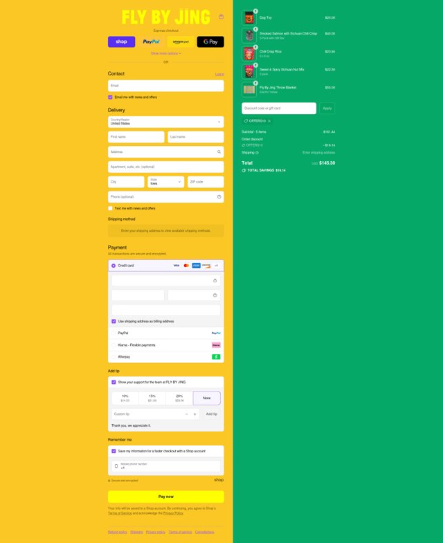 Fly by Jing checkout page showing Fly by Jing discount code box | Screenshot taken by SimplyCodes community member on Sep 7, 2025