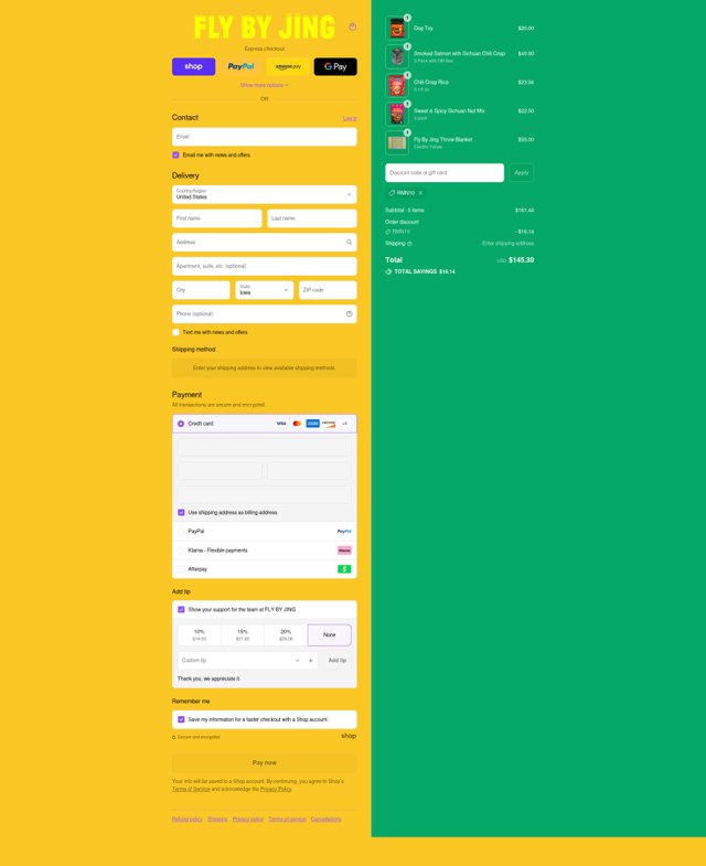 Fly by Jing checkout page showing Fly by Jing discount code box | Screenshot taken by SimplyCodes community member on Sep 7, 2025