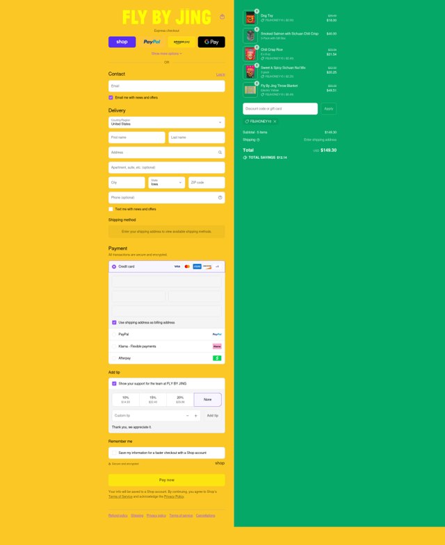 Fly by Jing checkout page showing Fly by Jing discount code box | Screenshot taken by SimplyCodes community member on Sep 7, 2025