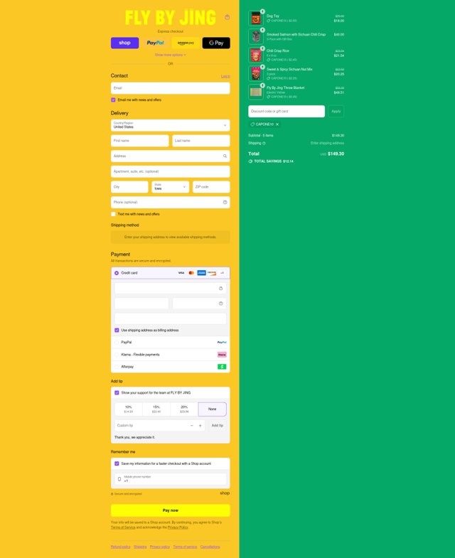 Fly by Jing checkout page showing Fly by Jing discount code box | Screenshot taken by SimplyCodes community member on Sep 7, 2025