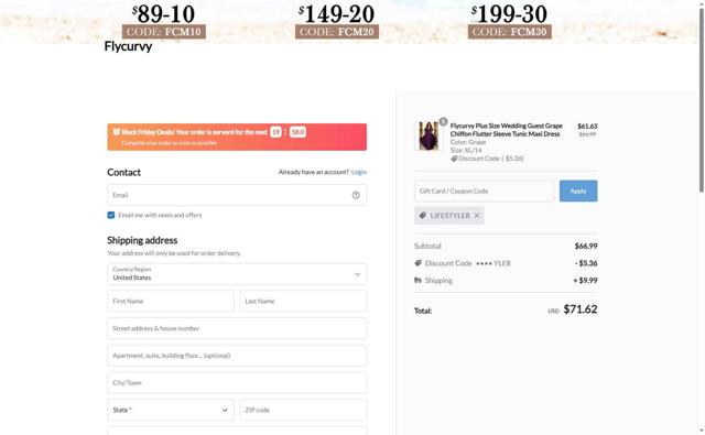 Flycurvy checkout page showing Flycurvy discount code box | Screenshot taken by SimplyCodes community member on May 16, 2025