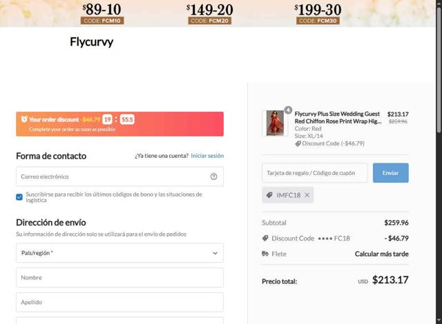 Flycurvy checkout page showing Flycurvy discount code box | Screenshot taken by SimplyCodes community member on Jul 10, 2025