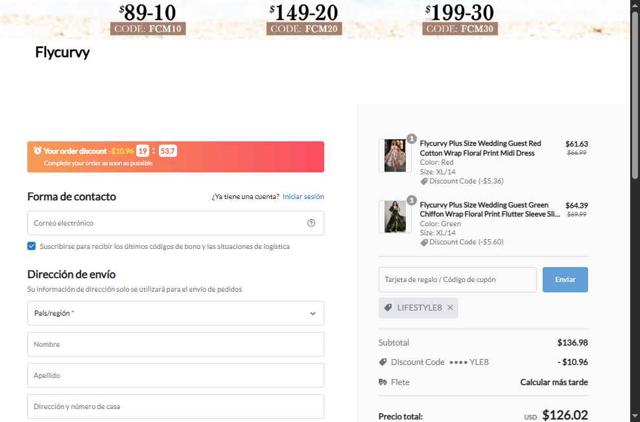 Flycurvy checkout page showing Flycurvy discount code box | Screenshot taken by SimplyCodes community member on May 16, 2025