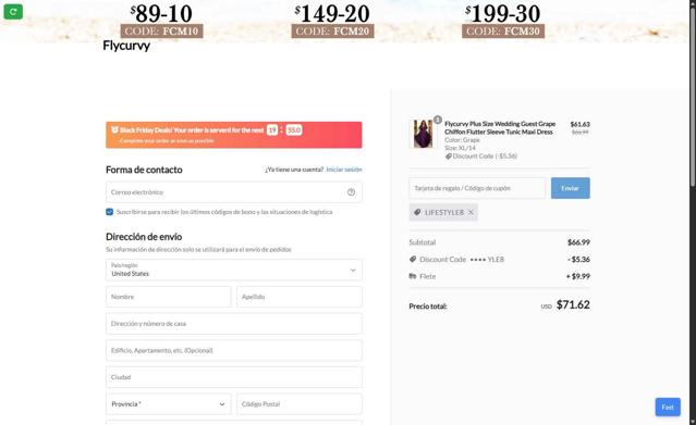 Flycurvy checkout page showing Flycurvy discount code box | Screenshot taken by SimplyCodes community member on May 16, 2025
