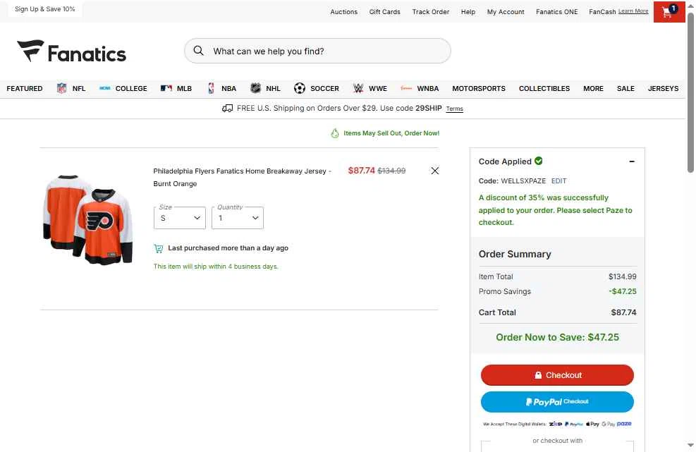 Philadelphia Flyers checkout page showing Philadelphia Flyers promo code box | Screenshot taken by SimplyCodes community member on Jan 16, 2026