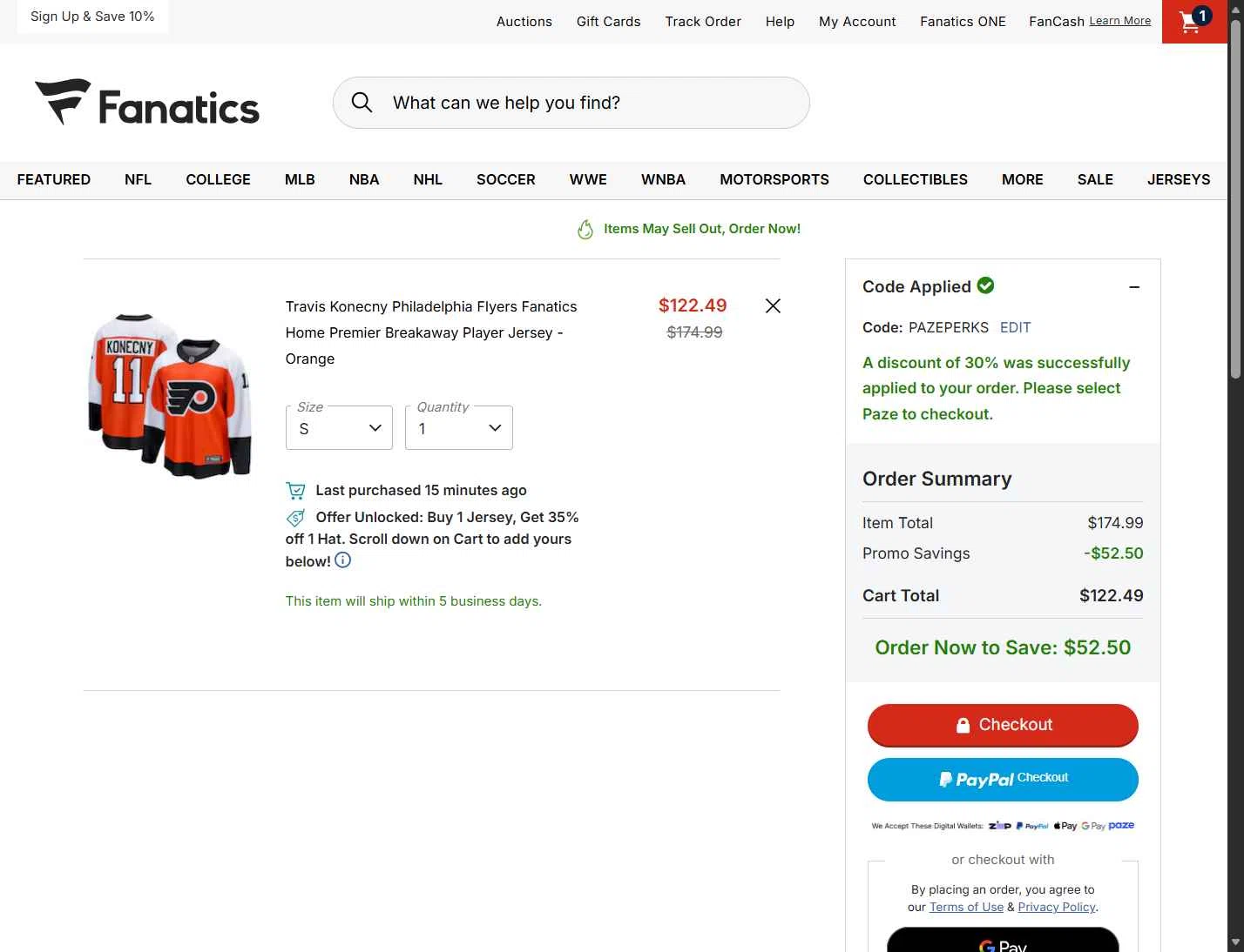 Philadelphia Flyers checkout page showing Philadelphia Flyers promo code box | Screenshot taken by SimplyCodes community member on Feb 18, 2026