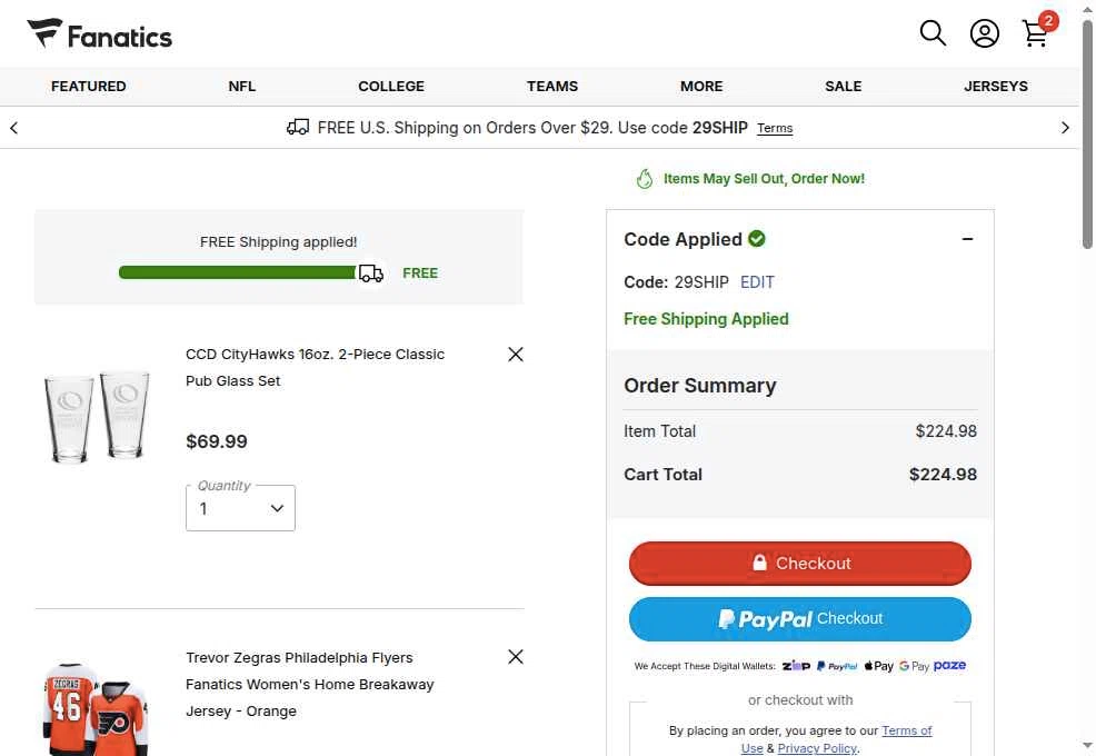 Philadelphia Flyers checkout page showing Philadelphia Flyers promo code box | Screenshot taken by SimplyCodes community member on Jan 16, 2026