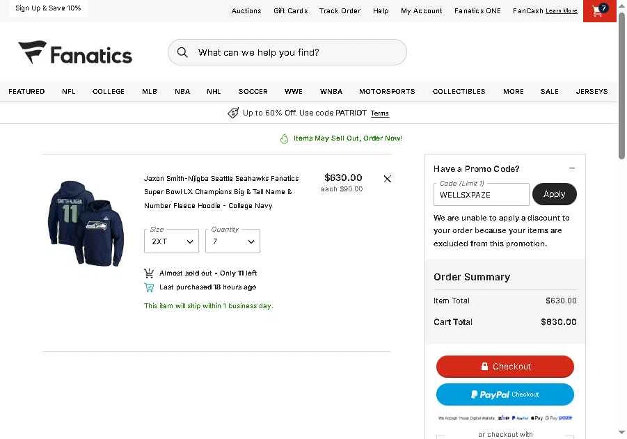 Philadelphia Flyers checkout page showing Philadelphia Flyers promo code box | Screenshot taken by SimplyCodes community member on Feb 14, 2026