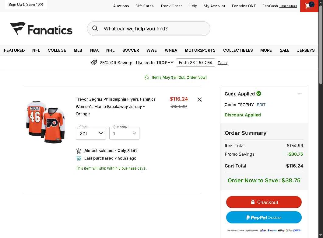 Philadelphia Flyers checkout page showing Philadelphia Flyers promo code box | Screenshot taken by SimplyCodes community member on Jan 18, 2026