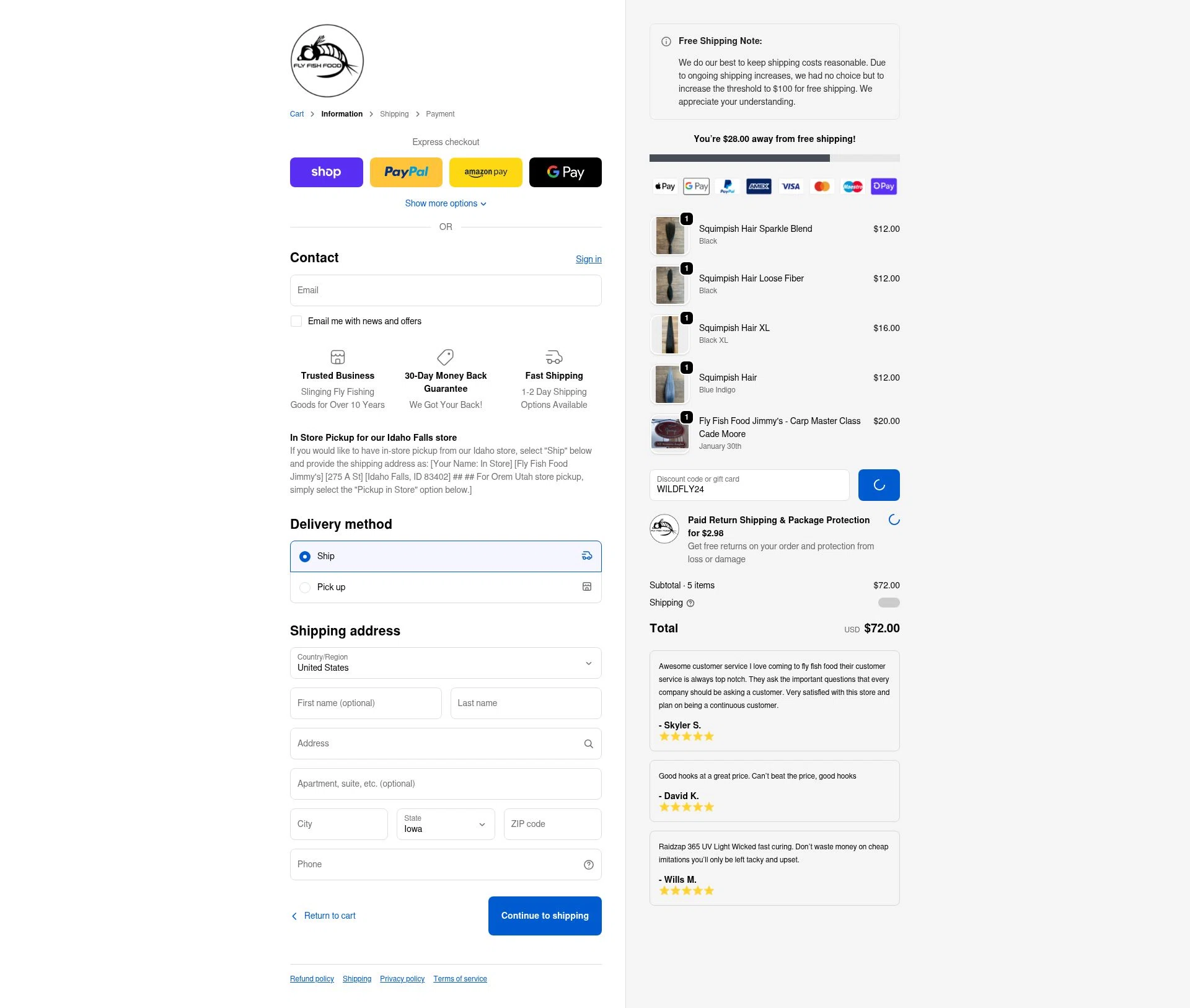 Fly Fish Food checkout page showing Fly Fish Food discount code box | Screenshot taken by SimplyCodes community member on Feb 9, 2026